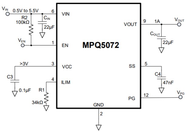 Application Circuit Diagram - Monolithic Power Systems (MPS) MPQ5072 Load Switches